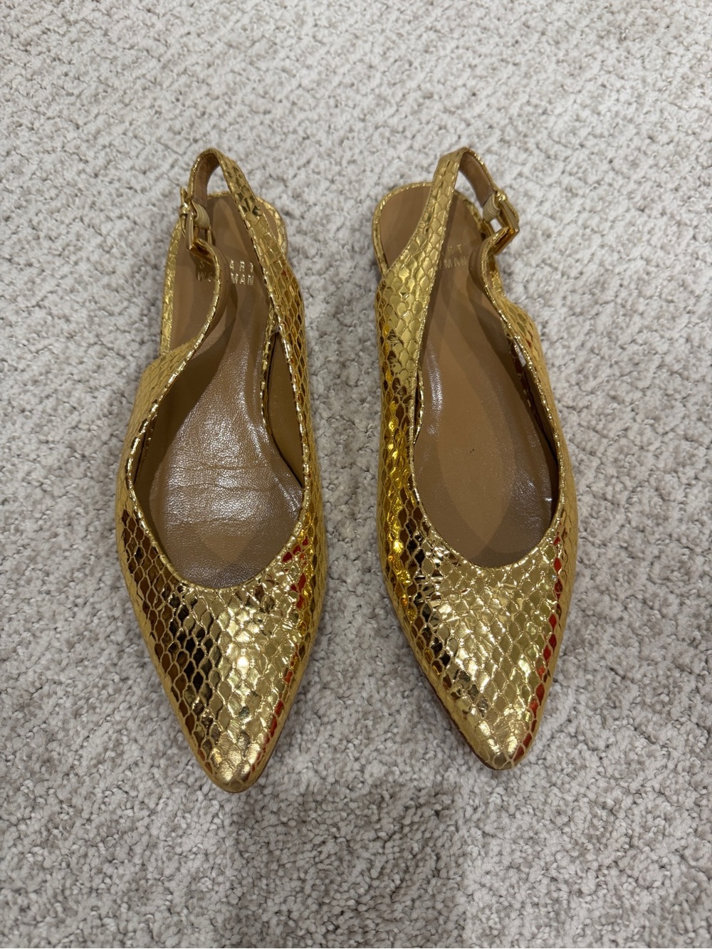 Stuart Weitzman Gold Snake Print Leather Slingback Flats size 7.5
